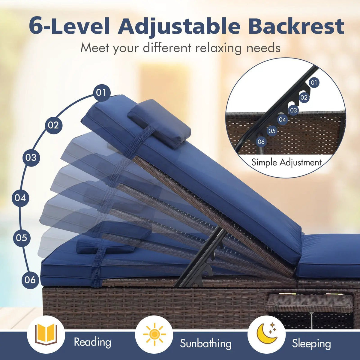 Patio Chaise Lounge Set of 2 with Backrest Seat Cushion and Headrest by DirectDeals