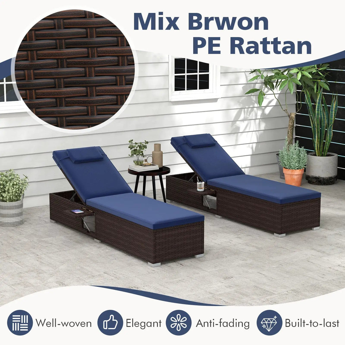 Patio Chaise Lounge Set of 2 with Backrest Seat Cushion and Headrest by DirectDeals