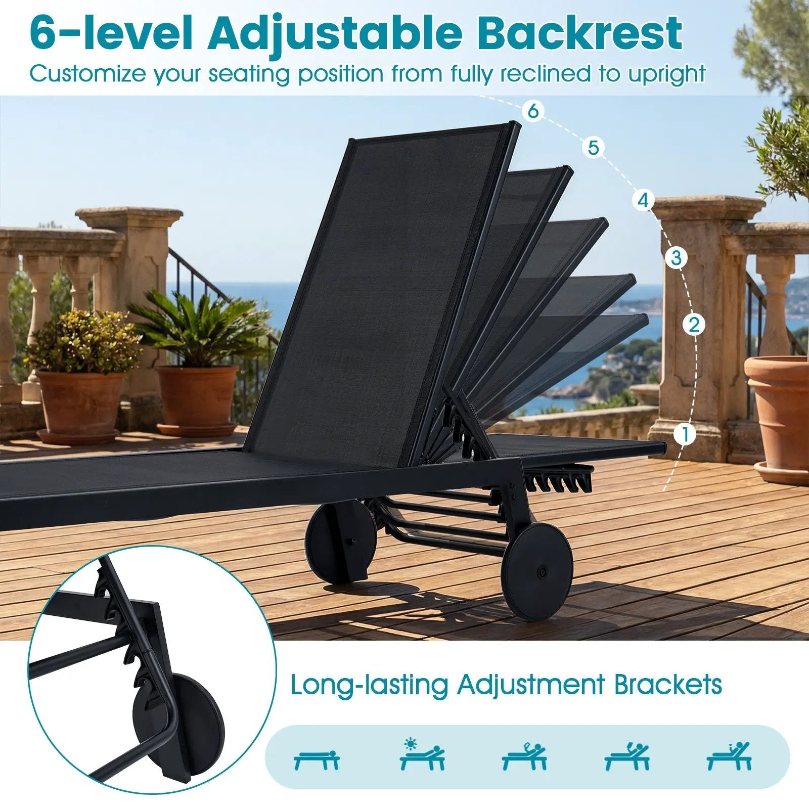 Patio Chaise Lounge Chair with Wheels and 6 by DirectDeals