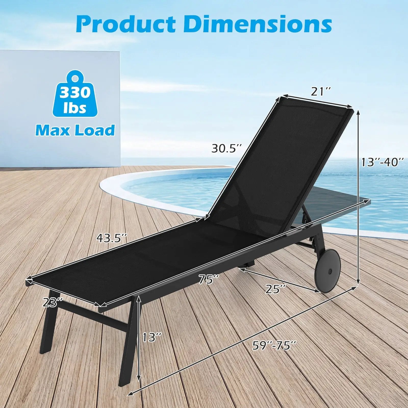 Patio Chaise Lounge Chair with Wheels and 6 by DirectDeals