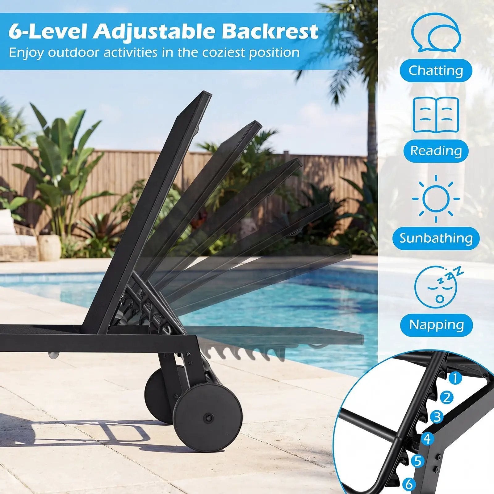 Patio Chaise Lounge Chair with Wheels and 6 by DirectDeals