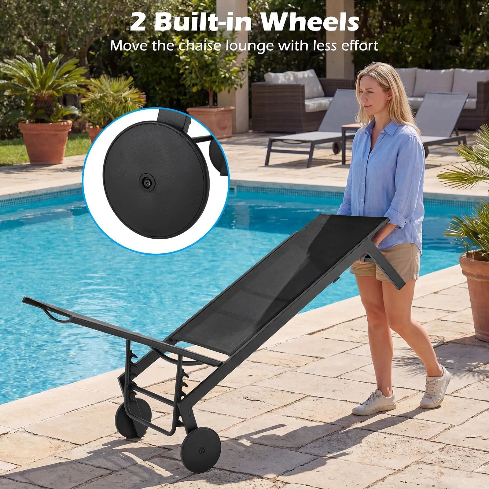 Patio Chaise Lounge Chair with Wheels and 6 by DirectDeals
