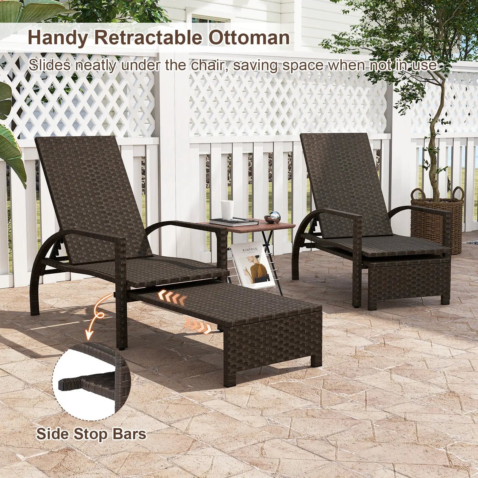 Patio Chaise Lounge Outdoor Rattan Lounge Chair with Retractable Ottoman by DirectDeals