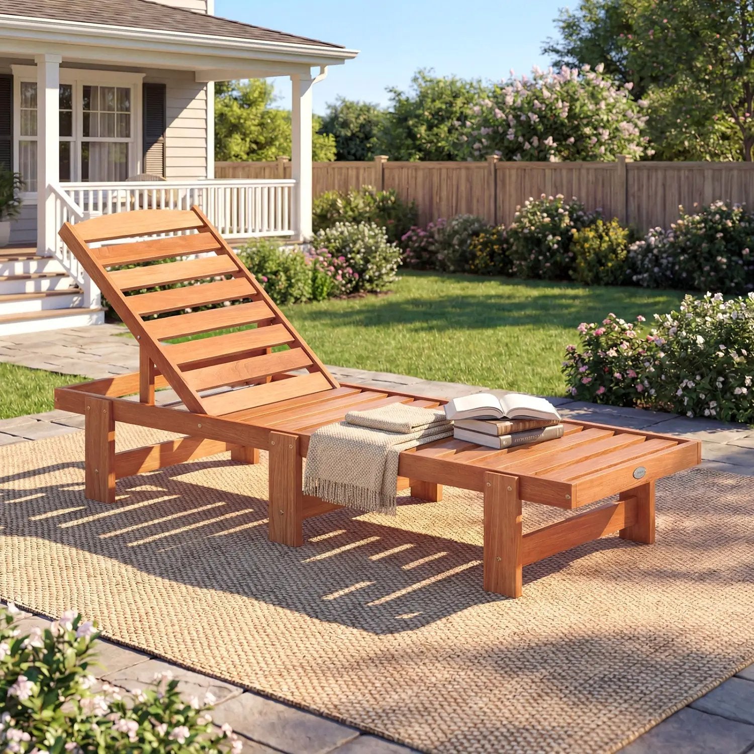 Patio Chaise Lounge Chair Solid Wood Slatted Recliner with Adjustable Backrest by DirectDeals