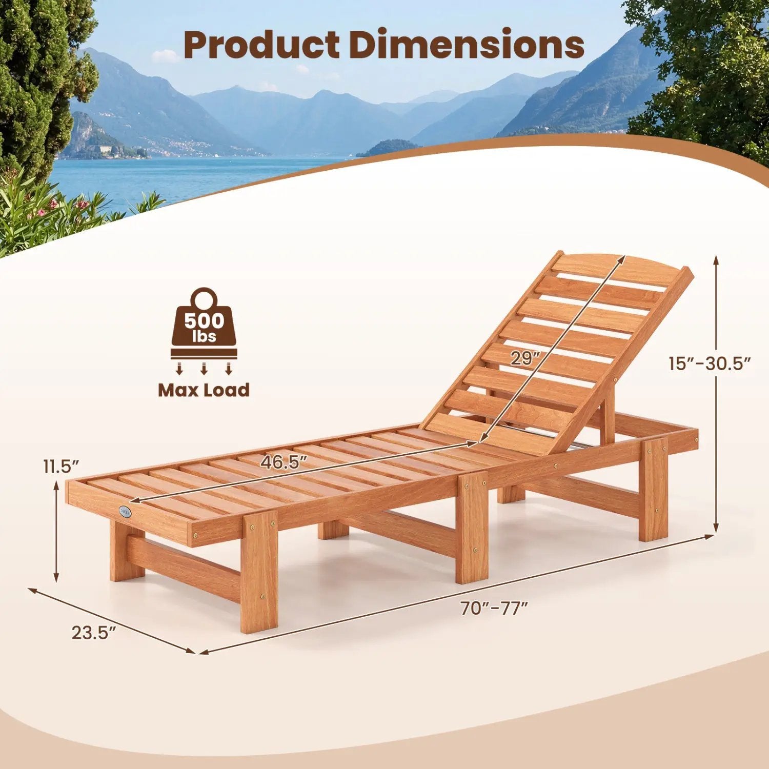 Patio Chaise Lounge Chair Solid Wood Slatted Recliner with Adjustable Backrest by DirectDeals