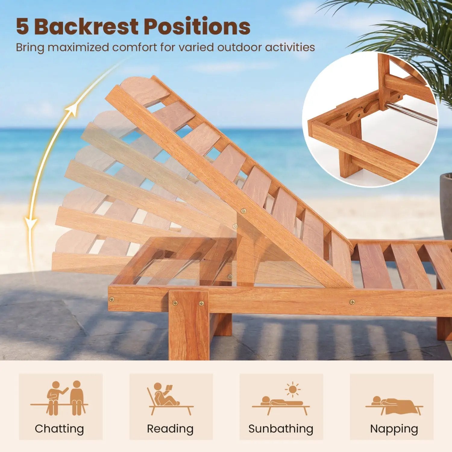 Patio Chaise Lounge Chair Solid Wood Slatted Recliner with Adjustable Backrest by DirectDeals