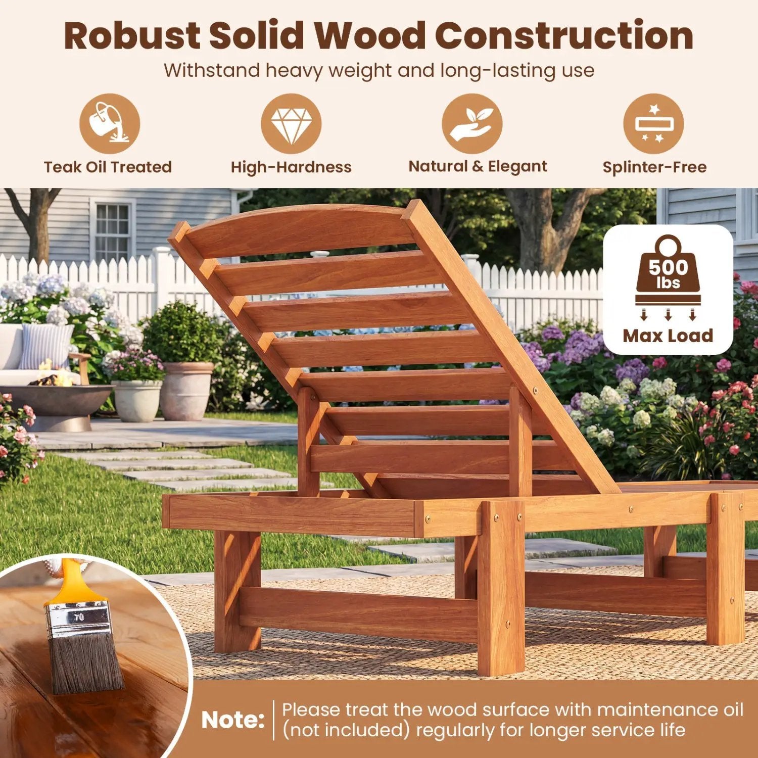 Patio Chaise Lounge Chair Solid Wood Slatted Recliner with Adjustable Backrest by DirectDeals