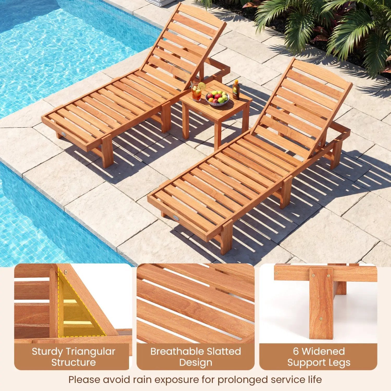 Patio Chaise Lounge Chair Solid Wood Slatted Recliner with Adjustable Backrest by DirectDeals