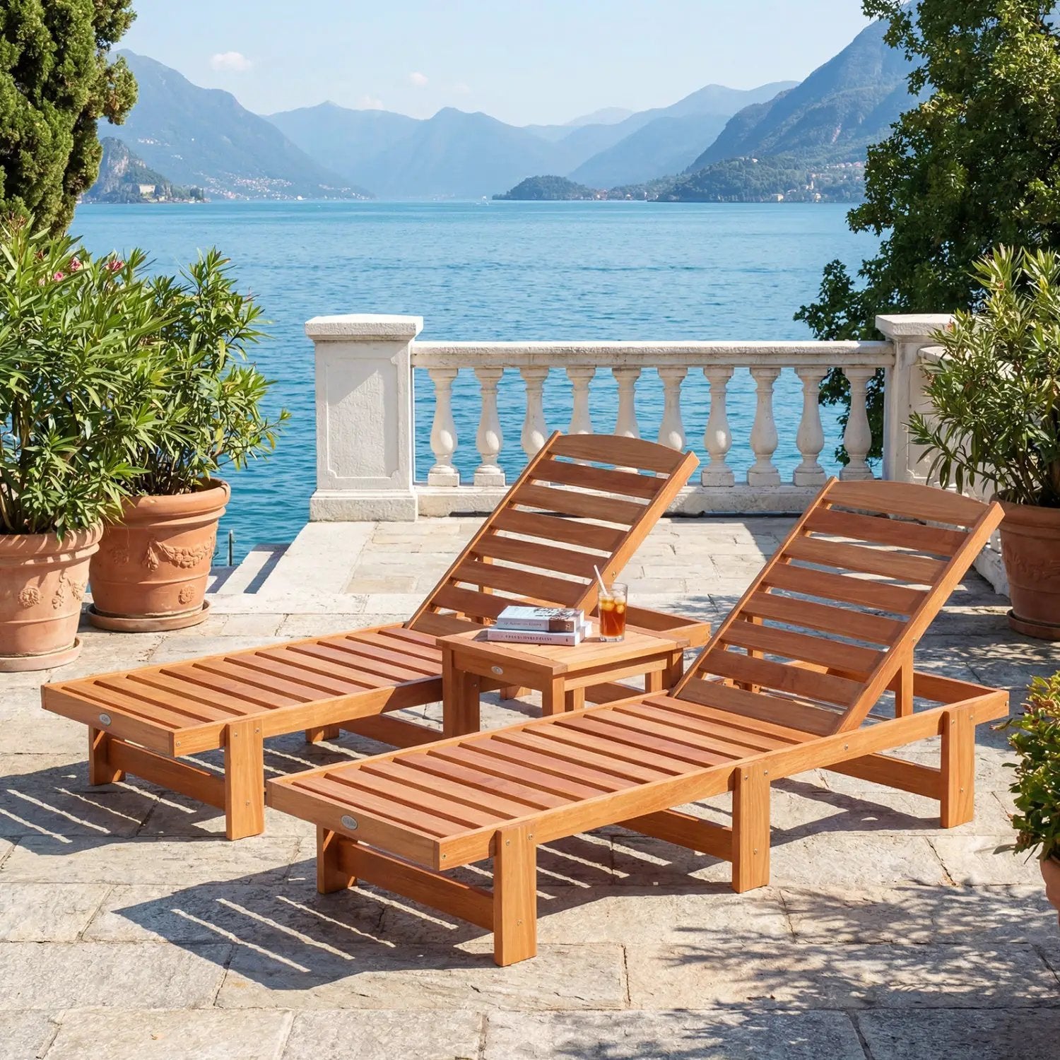 Patio Chaise Lounge Chair Solid Wood Slatted Recliner with Adjustable Backrest by DirectDeals