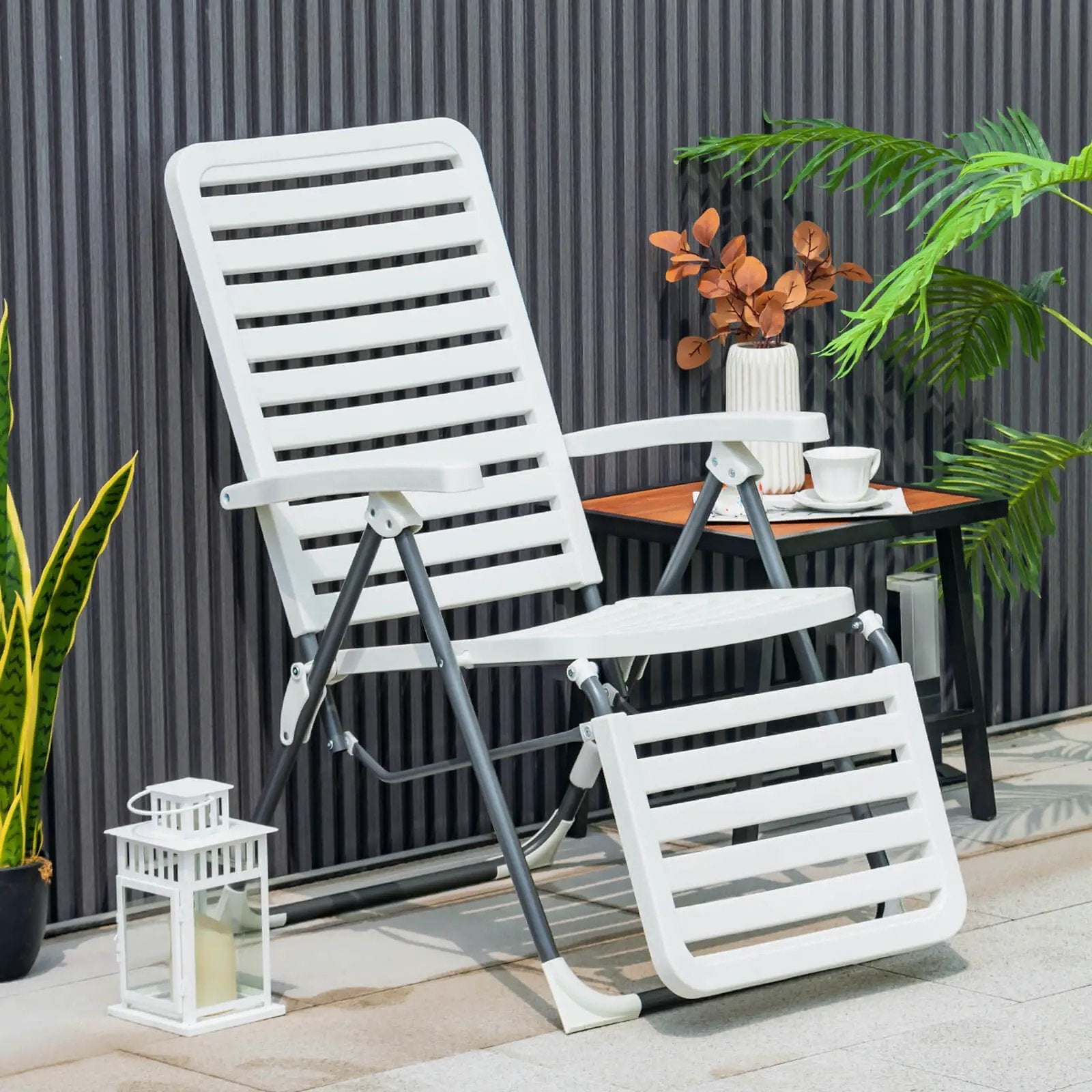 PP Folding Patio Chaise Lounger with 7-Level Backrest and Cozy Footrest by DirectDeals