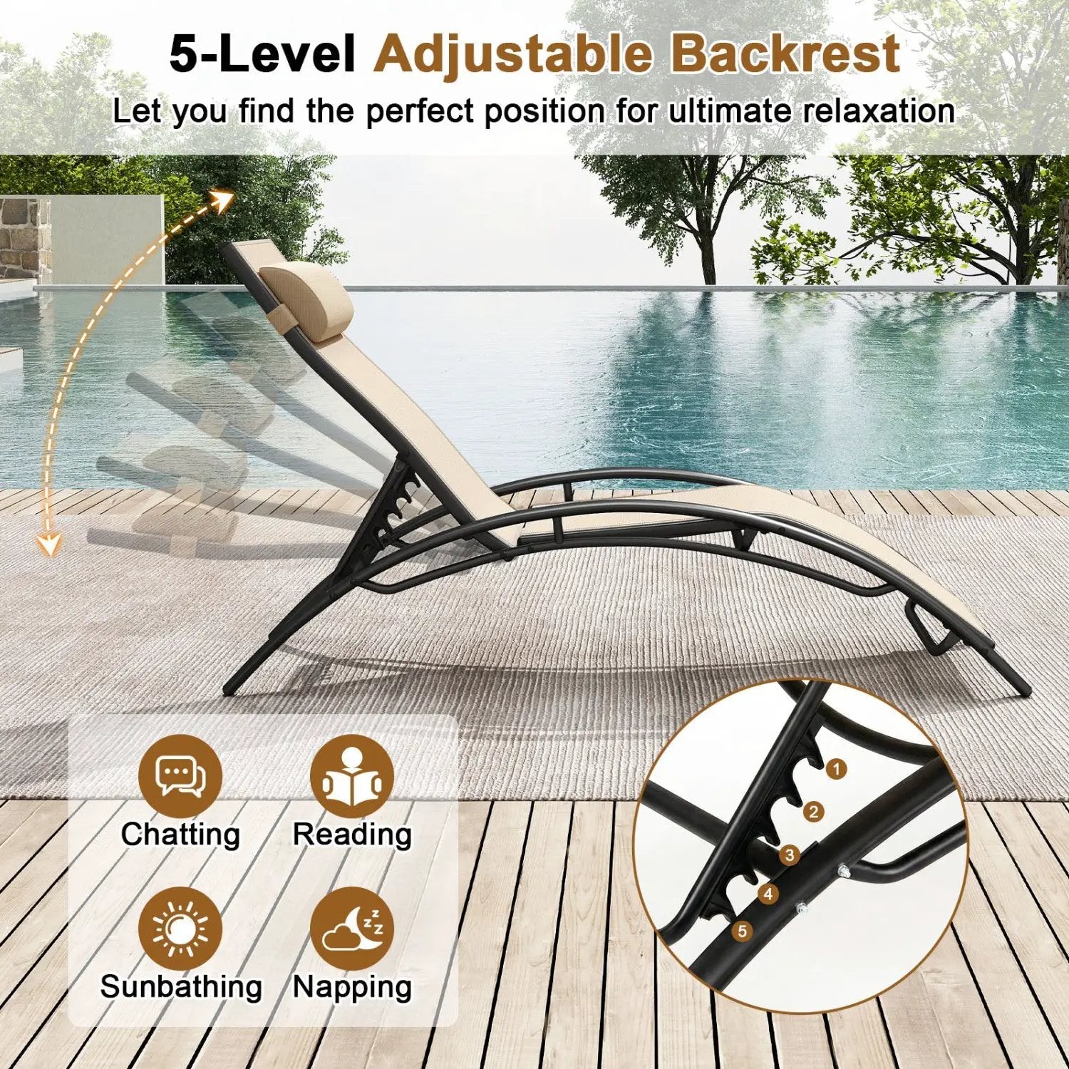 Patio Chaise Lounges Set of 2 Outdoor Recliner with 5-Position Backrest by DirectDeals