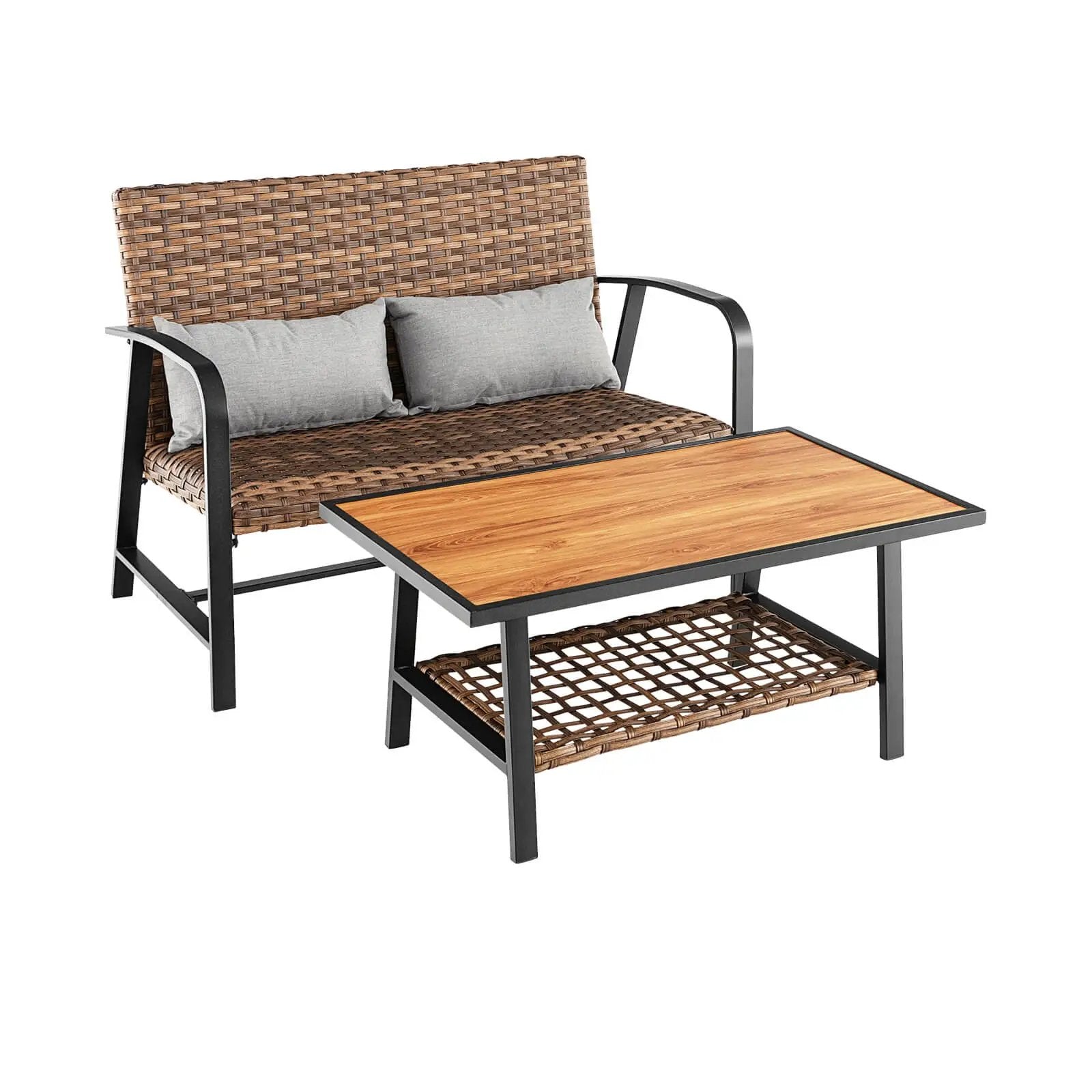2 Pieces Patio Rattan Coffee Table Set with Shelf and Quick Dry Cushion by DirectDeals