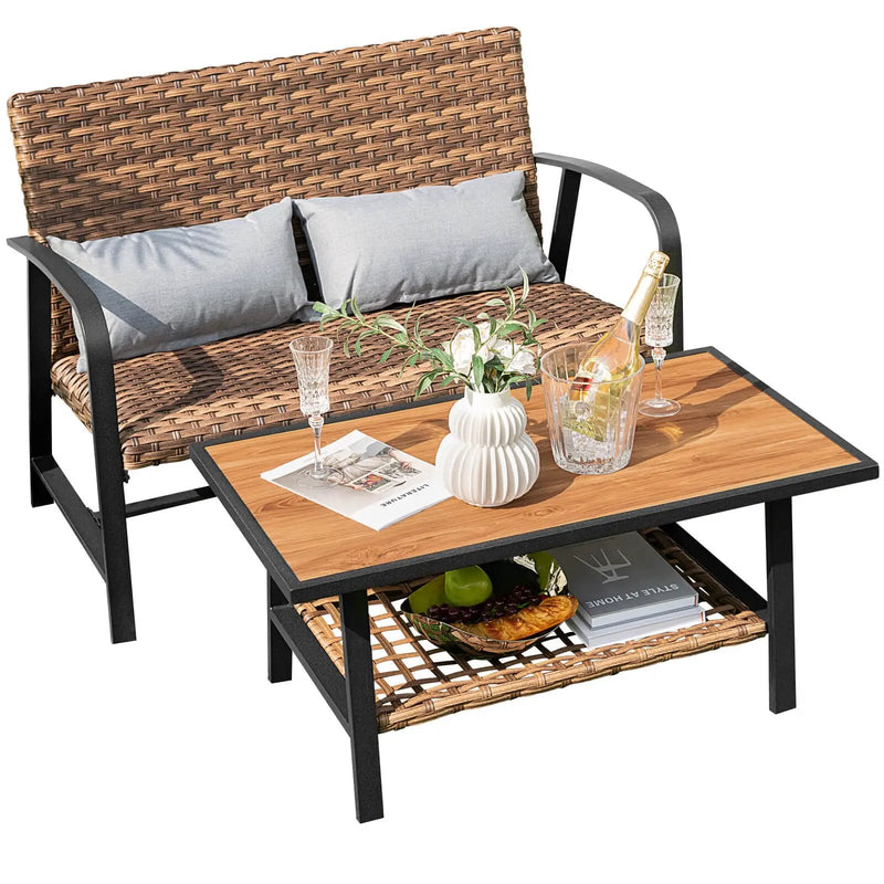 2 Pieces Patio Rattan Coffee Table Set with Shelf and Quick Dry Cushion by DirectDeals