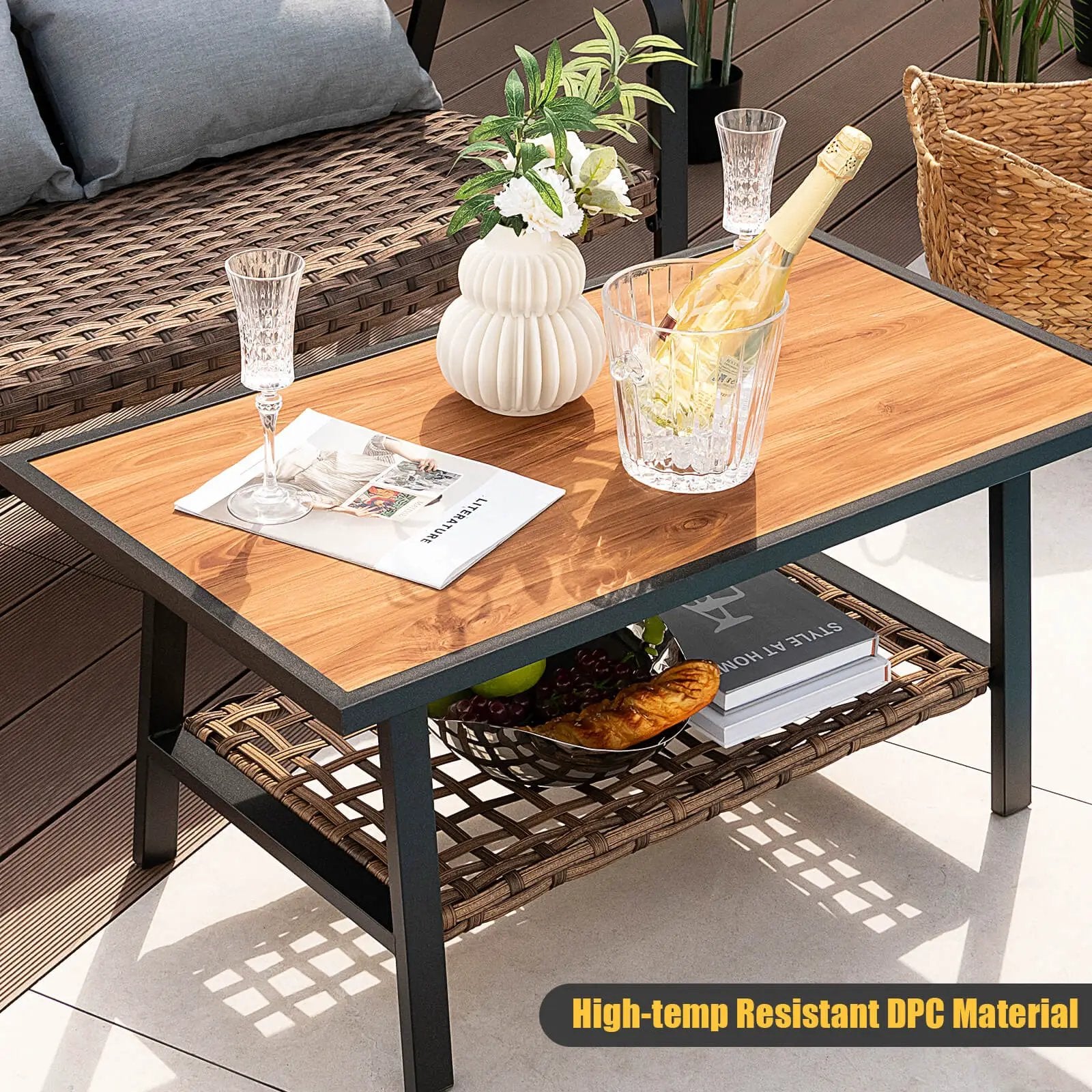 2 Pieces Patio Rattan Coffee Table Set with Shelf and Quick Dry Cushion by DirectDeals