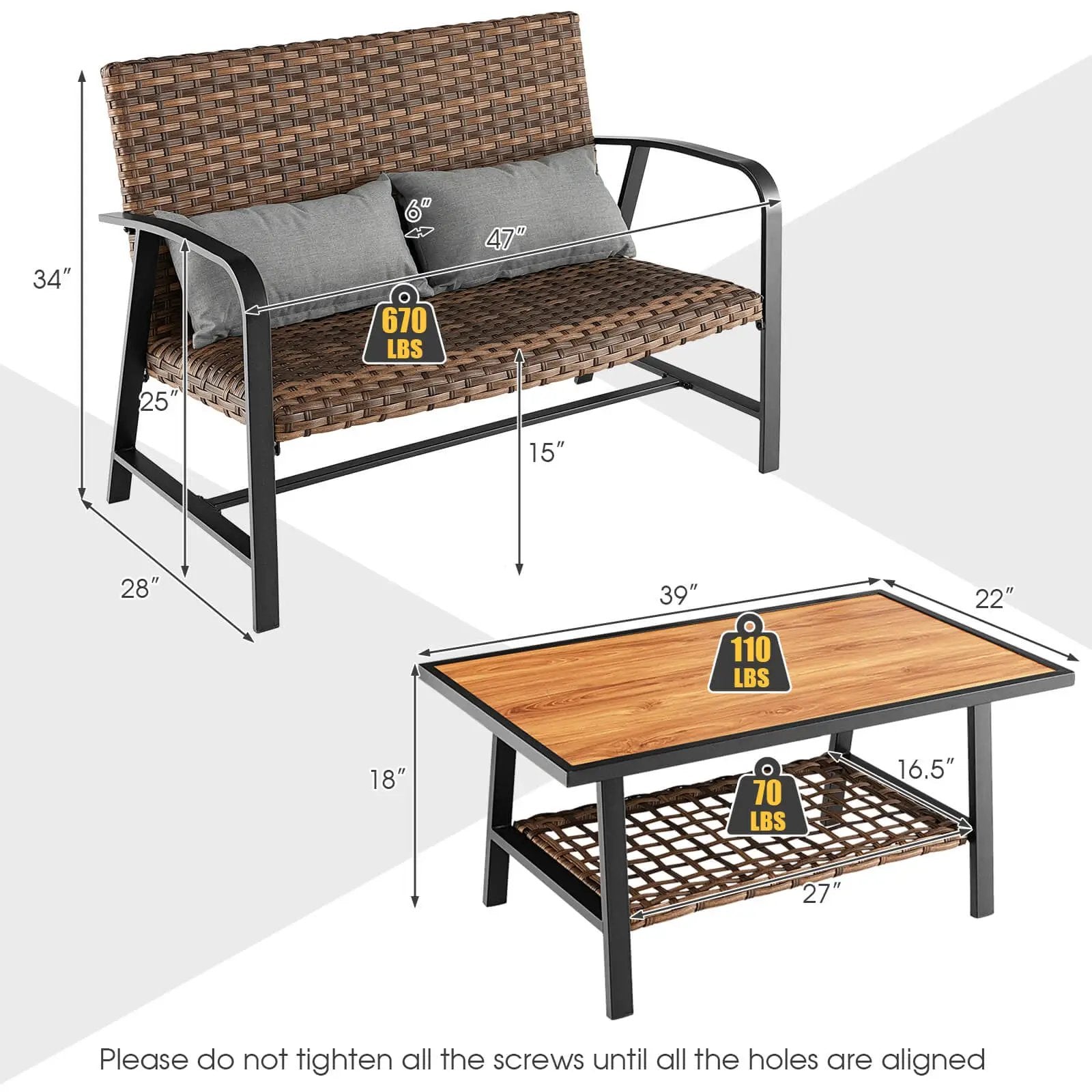 2 Pieces Patio Rattan Coffee Table Set with Shelf and Quick Dry Cushion by DirectDeals