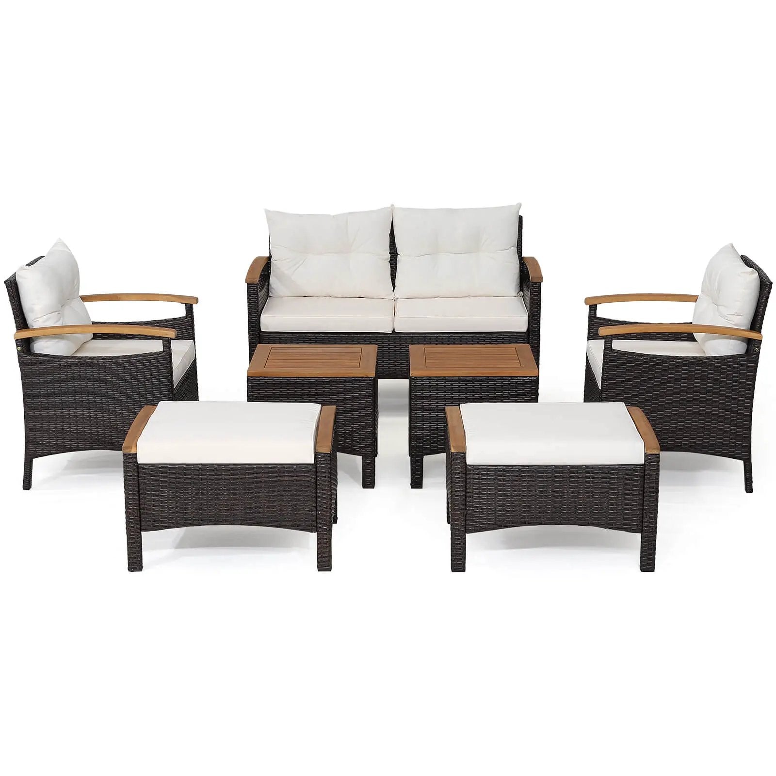 7 Piece Rattan Patio Sofa Set with Acacia Wood Tabletop and Armrests by DirectDeals