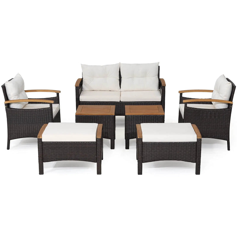 7 Piece Rattan Patio Sofa Set with Acacia Wood Tabletop and Armrests by DirectDeals