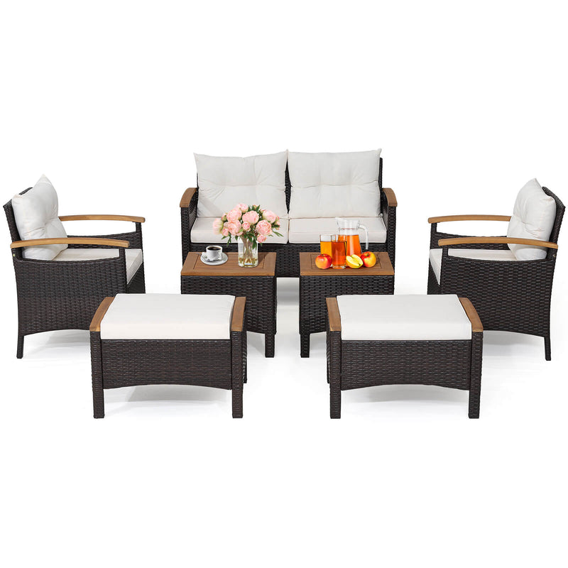 7 Piece Rattan Patio Sofa Set with Acacia Wood Tabletop and Armrests by DirectDeals