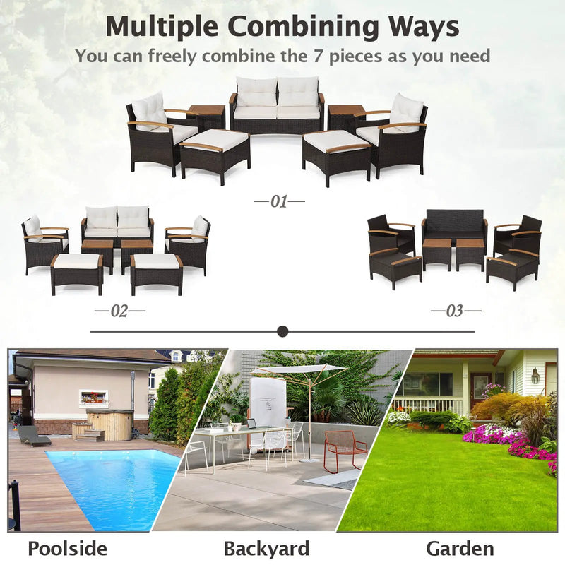 7 Piece Rattan Patio Sofa Set with Acacia Wood Tabletop and Armrests by DirectDeals