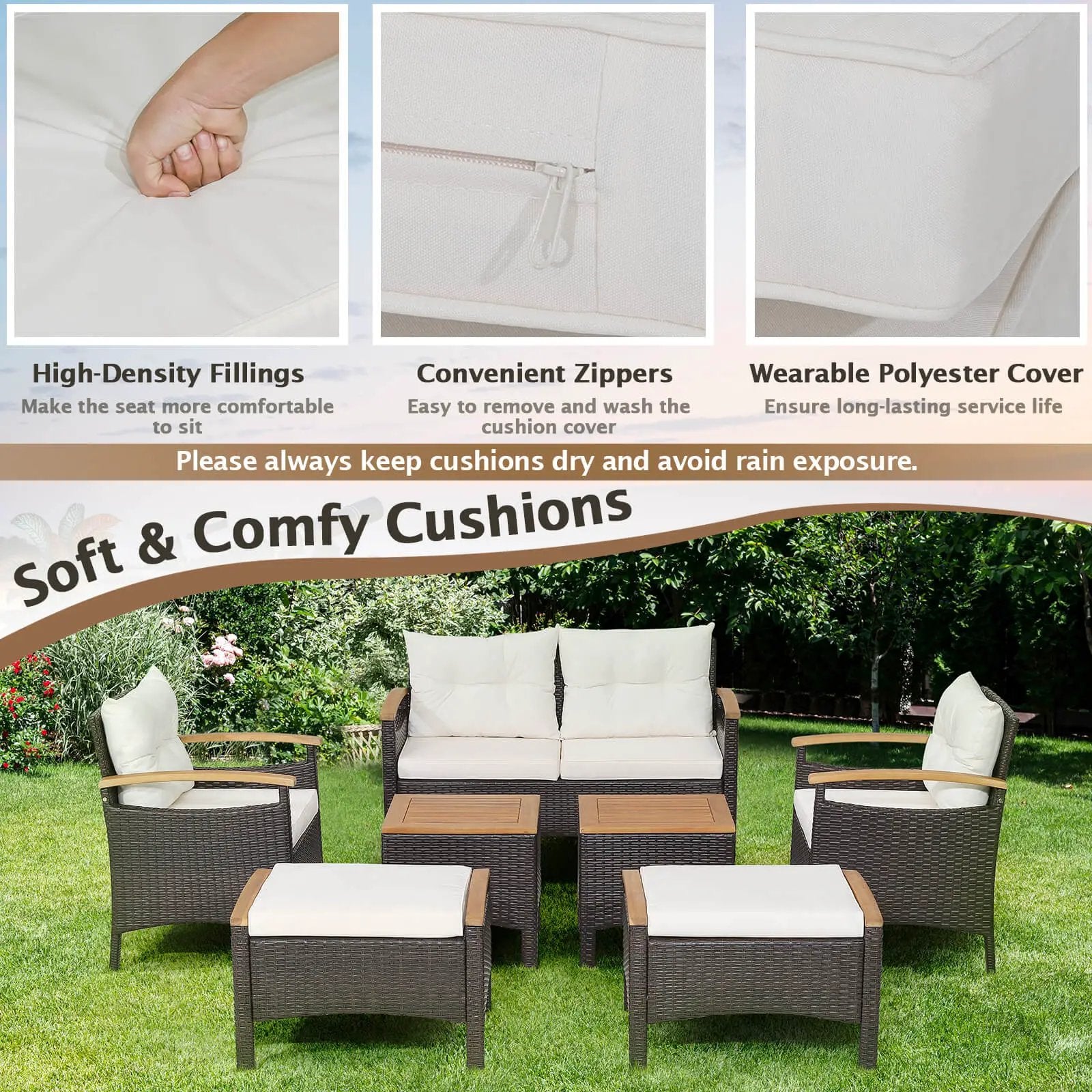 7 Piece Rattan Patio Sofa Set with Acacia Wood Tabletop and Armrests by DirectDeals