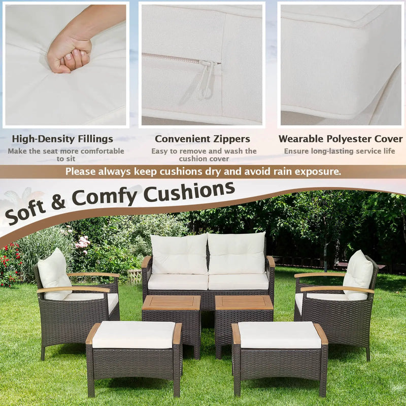 7 Piece Rattan Patio Sofa Set with Acacia Wood Tabletop and Armrests by DirectDeals