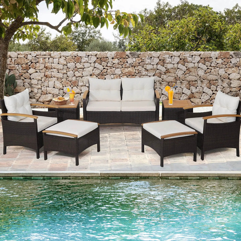 7 Piece Rattan Patio Sofa Set with Acacia Wood Tabletop and Armrests by DirectDeals