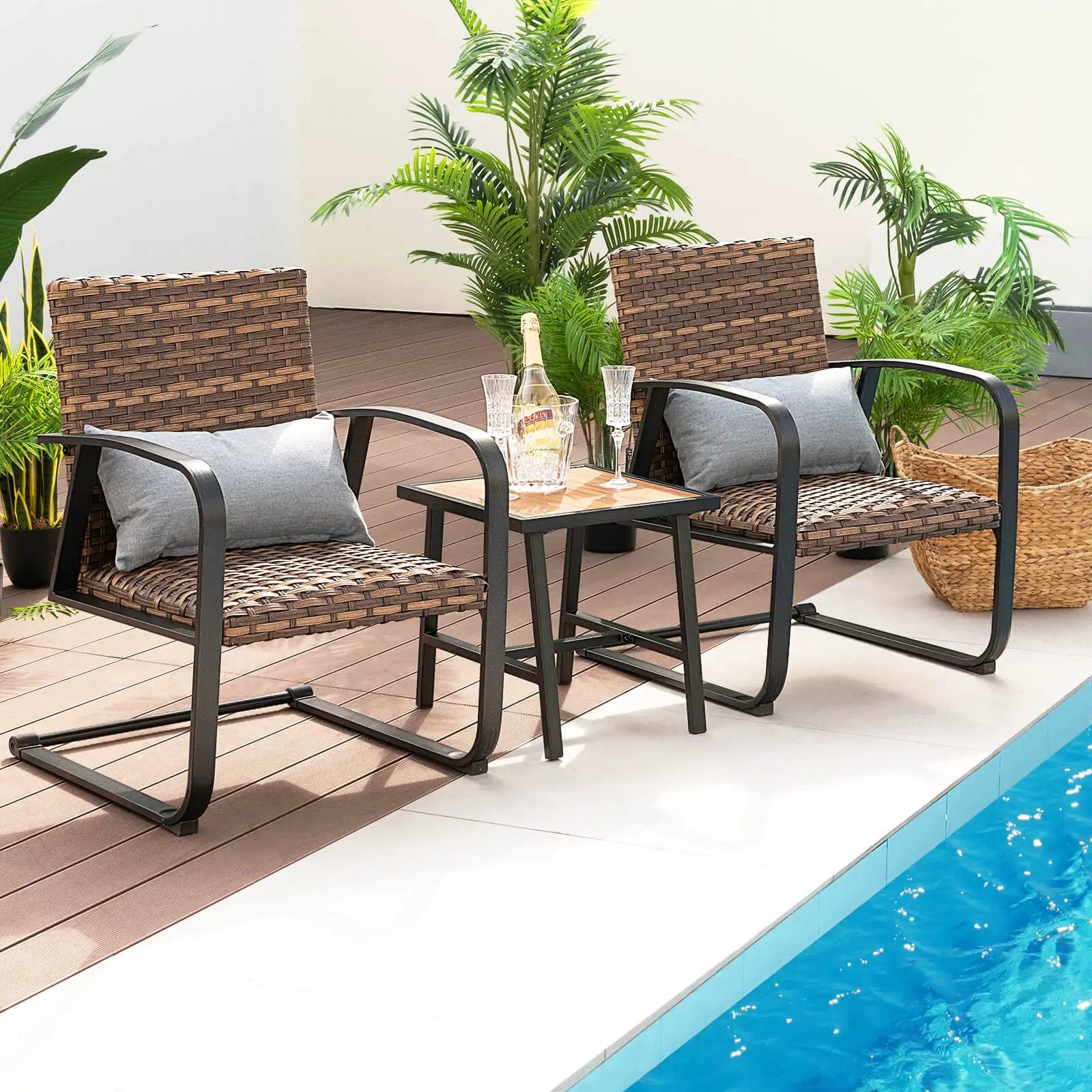 3 Pieces Patio Rattan Conversation Set with Quick Dry Lumbar Pillows by DirectDeals