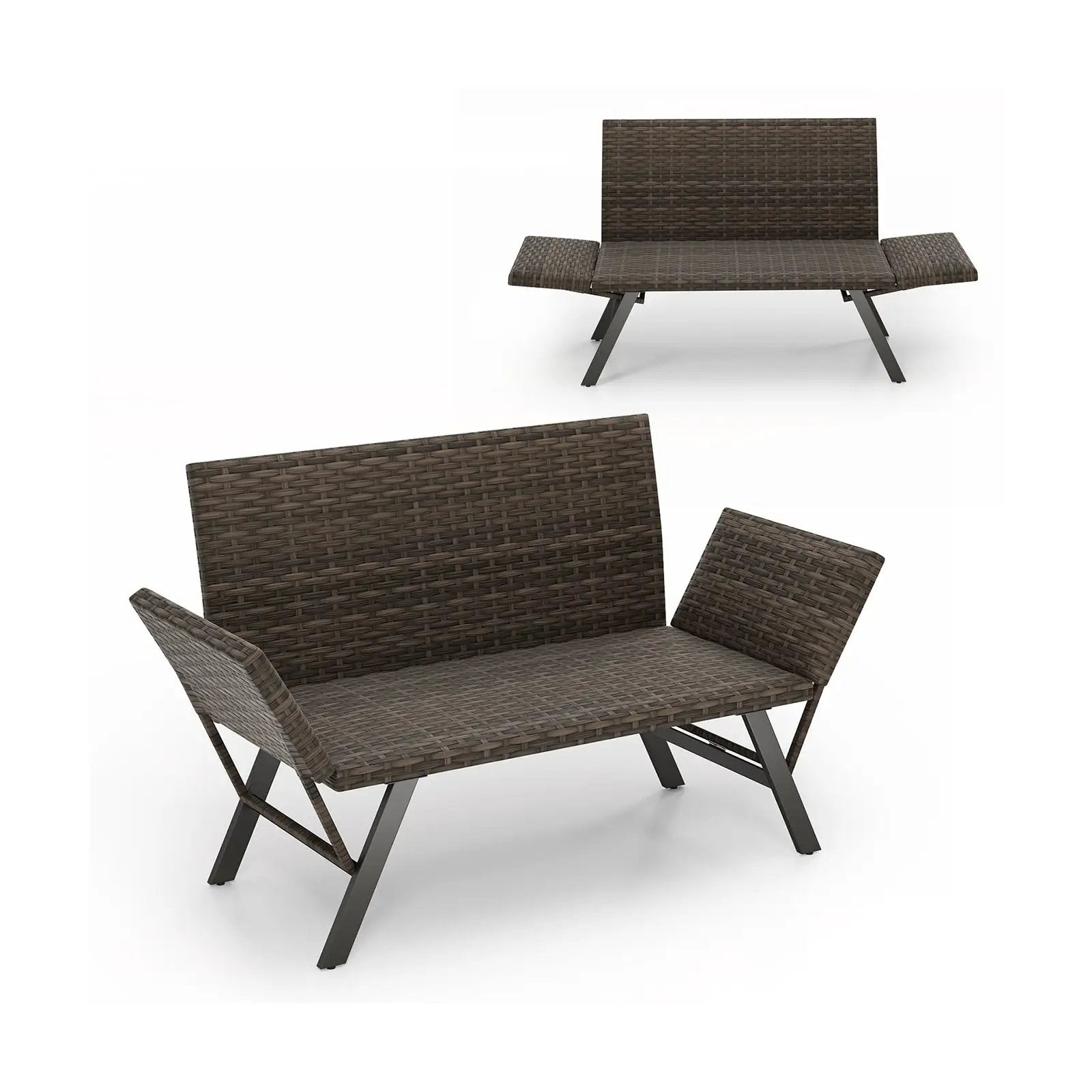 Patio Convertible Sofa for 2 Quick Dry Foam Padded Rattan with Armrests-Gray by DirectDeals