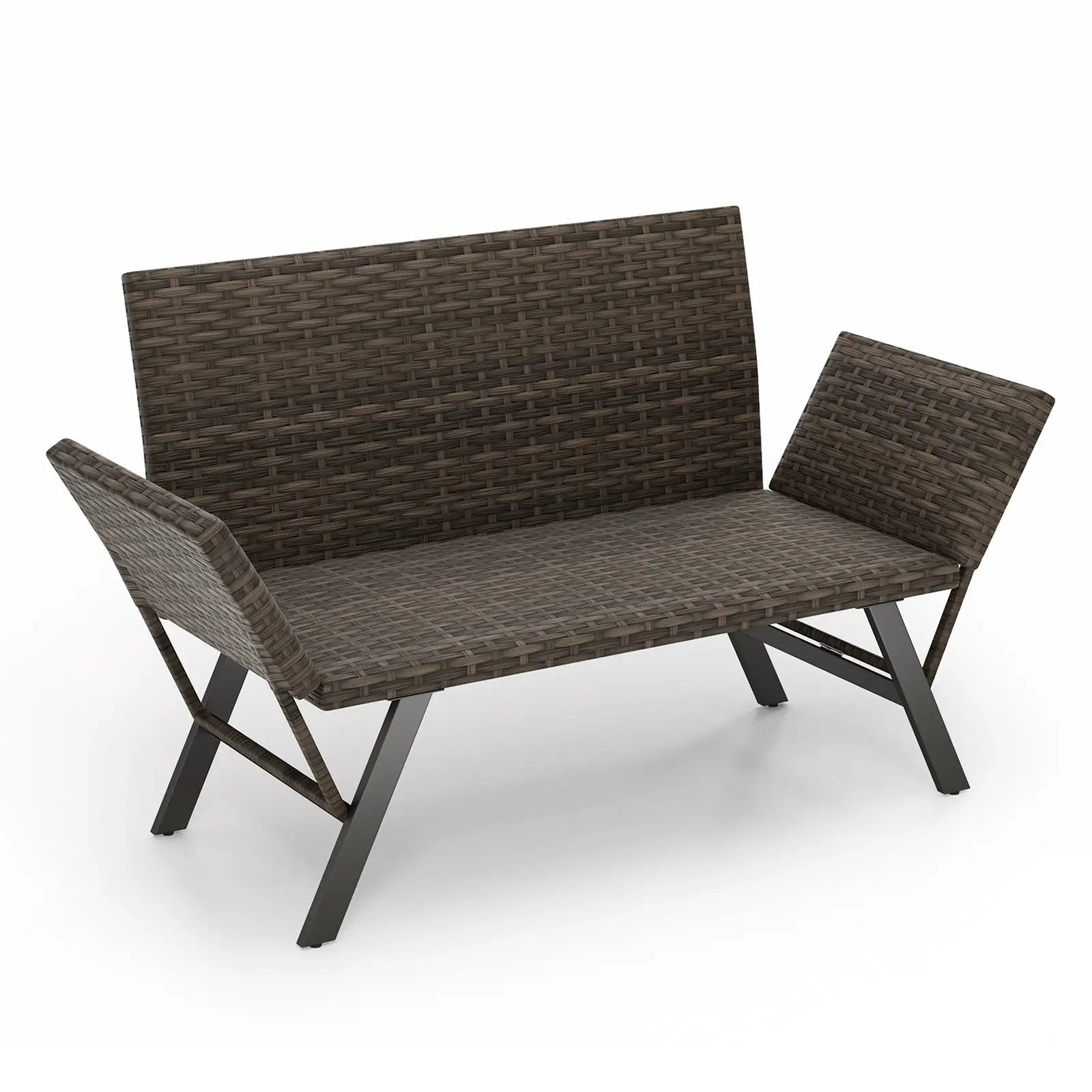 Patio Convertible Sofa for 2 Quick Dry Foam Padded Rattan with Armrests-Gray by DirectDeals