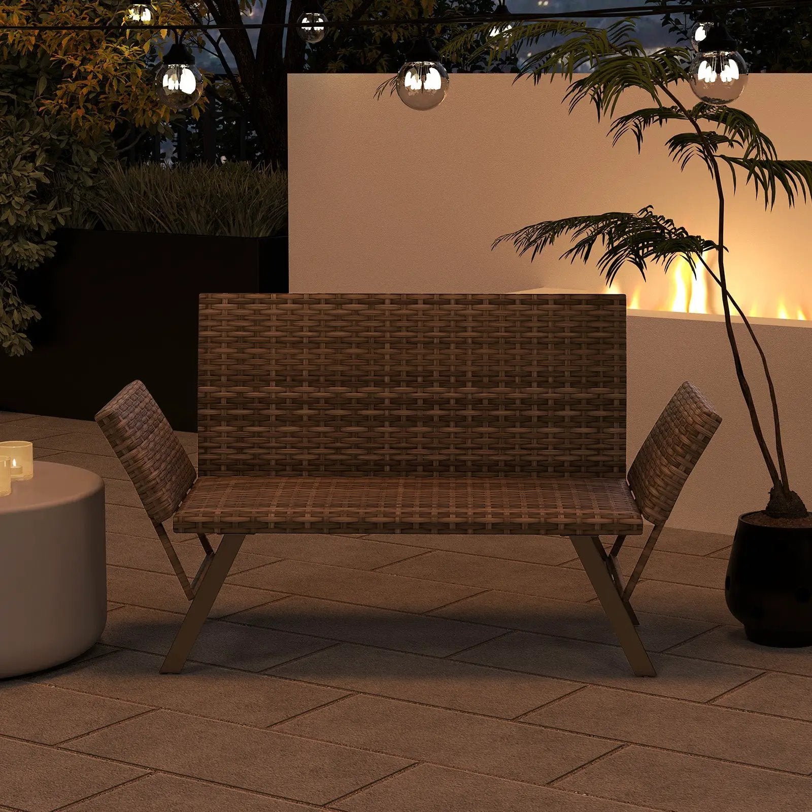 Patio Convertible Sofa for 2 Quick Dry Foam Padded Rattan with Armrests-Gray by DirectDeals