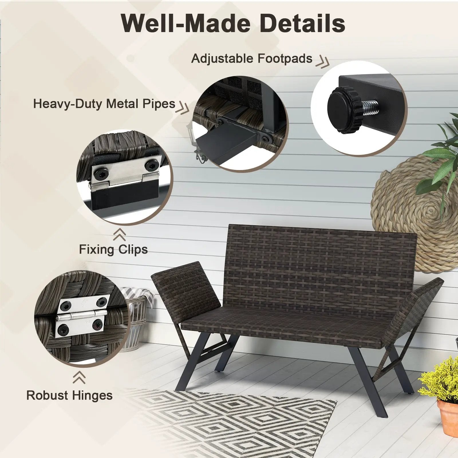 Patio Convertible Sofa for 2 Quick Dry Foam Padded Rattan with Armrests-Gray by DirectDeals