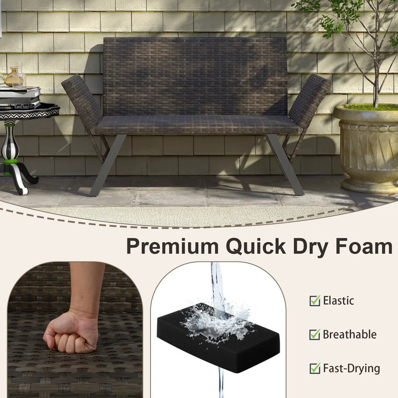 Patio Convertible Sofa for 2 Quick Dry Foam Padded Rattan with Armrests-Gray by DirectDeals