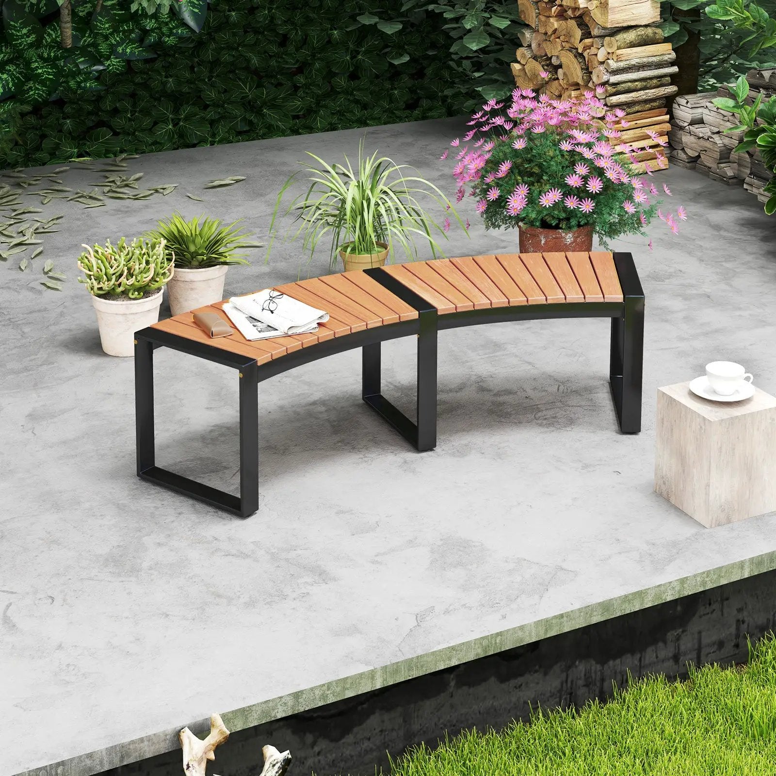 Patio Curved Bench with Slatted Seat and Metal Legs by DirectDeals