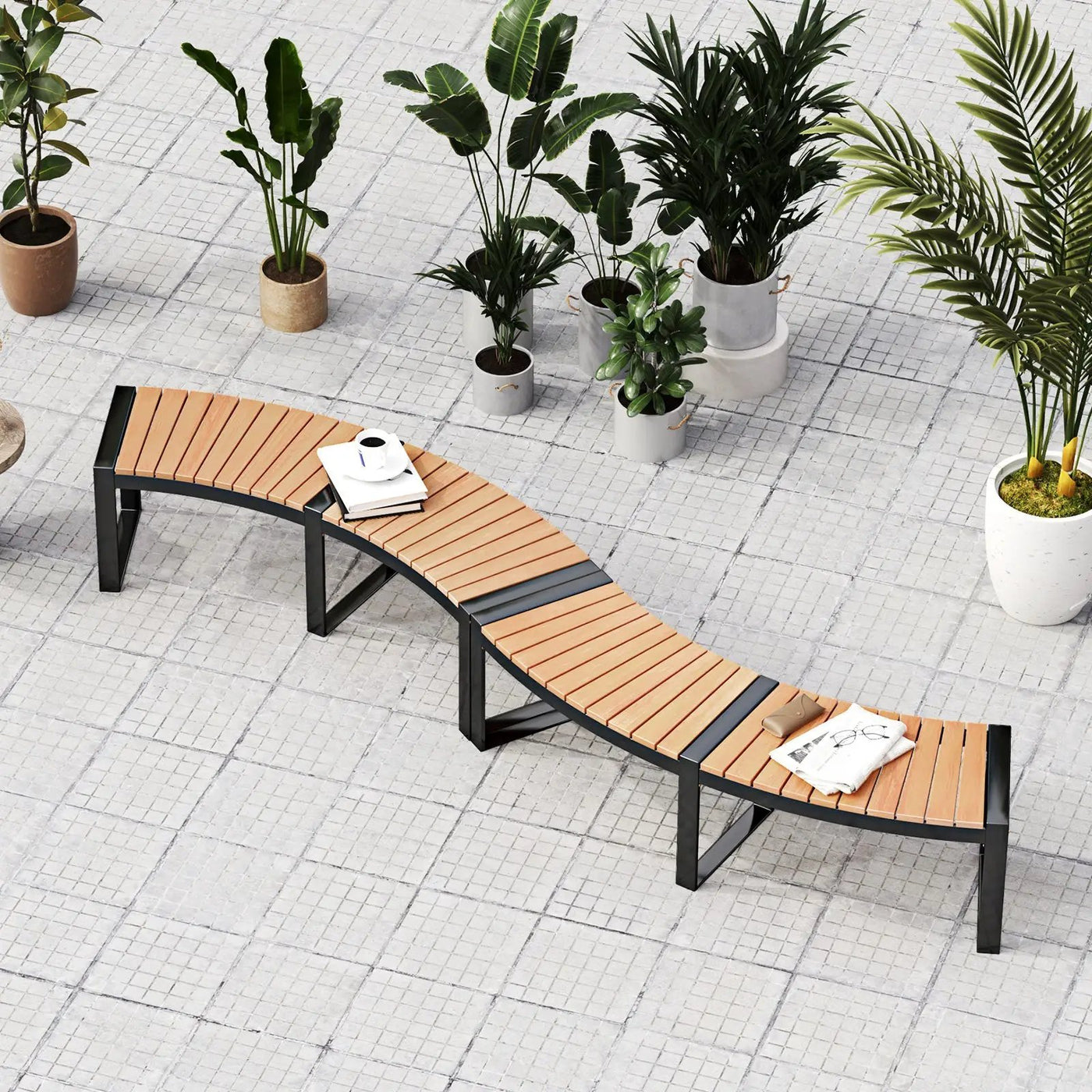 Patio Curved Bench with Slatted Seat and Metal Legs by DirectDeals