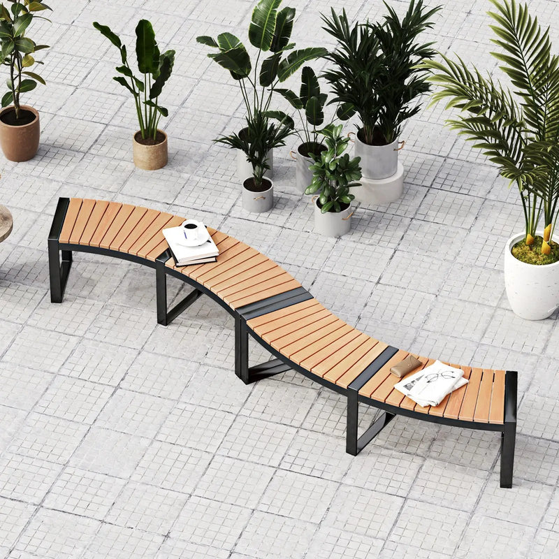 Patio Curved Bench with Slatted Seat and Metal Legs by DirectDeals