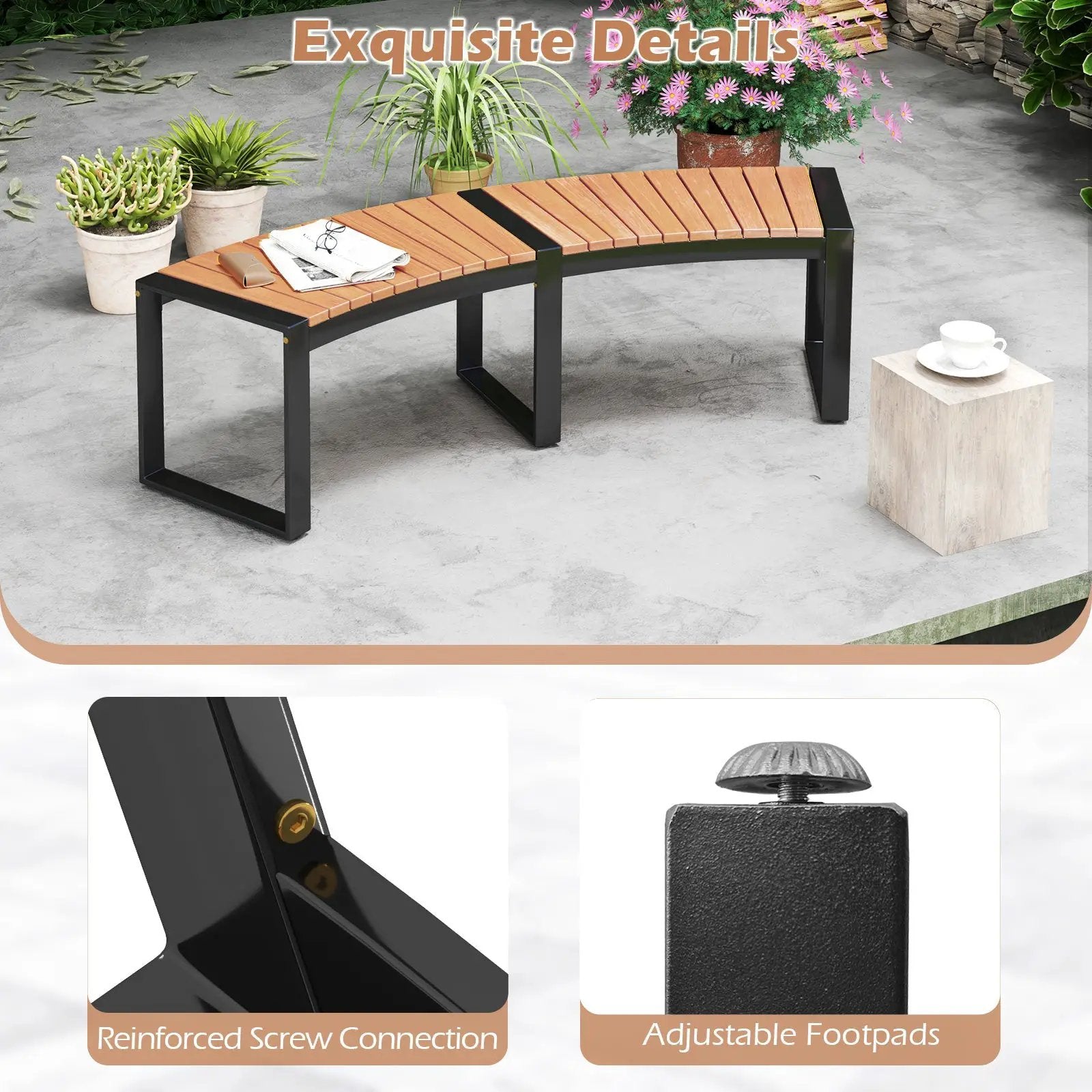 Patio Curved Bench with Slatted Seat and Metal Legs by DirectDeals