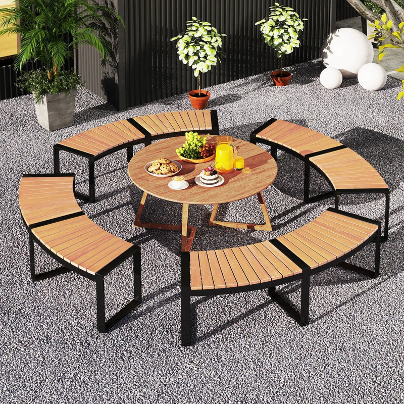 Patio Curved Bench with Slatted Seat and Metal Legs by DirectDeals