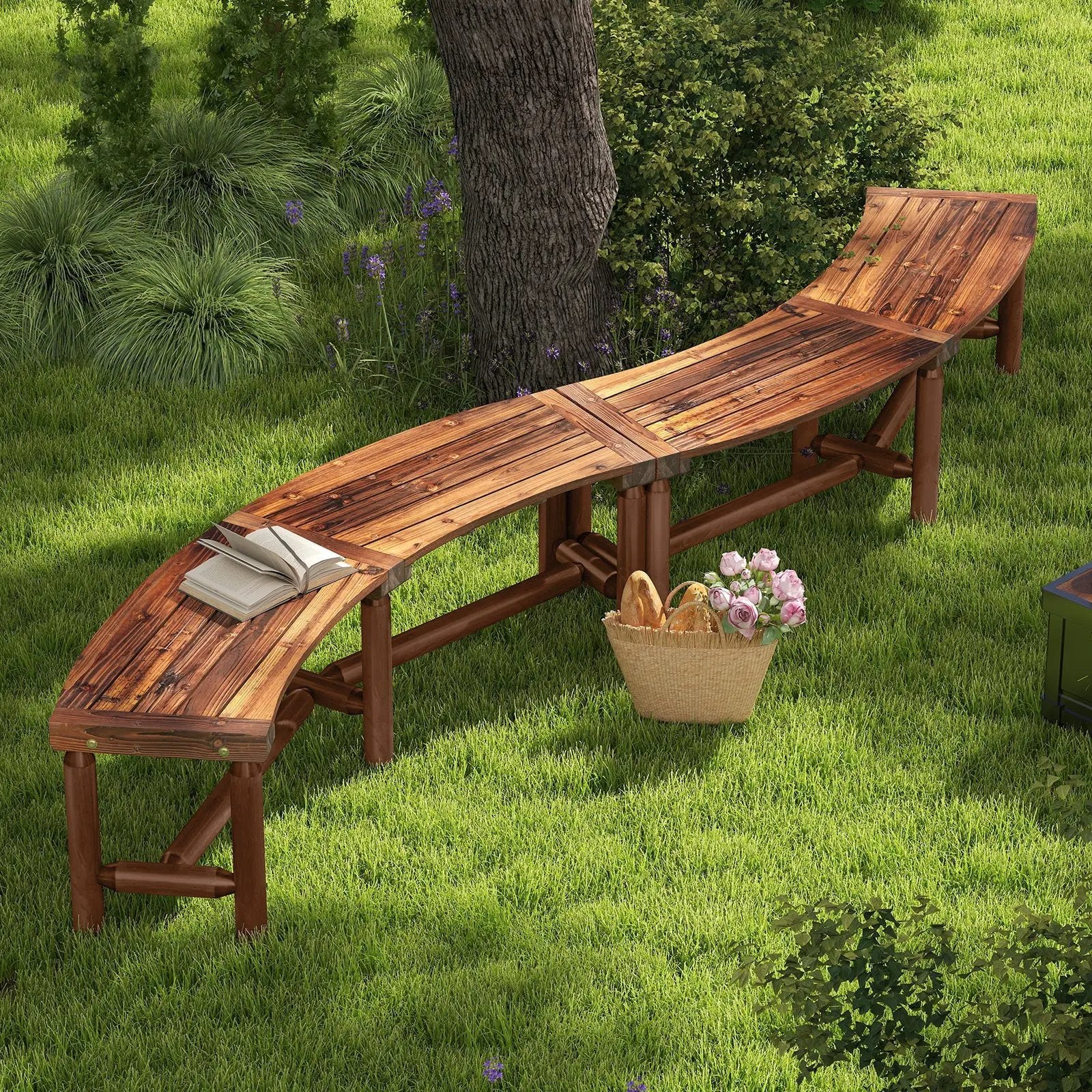 Patio Curved Bench Solid Wood Fire Pit Bench Outdoor Backless Loveseat by DirectDeals