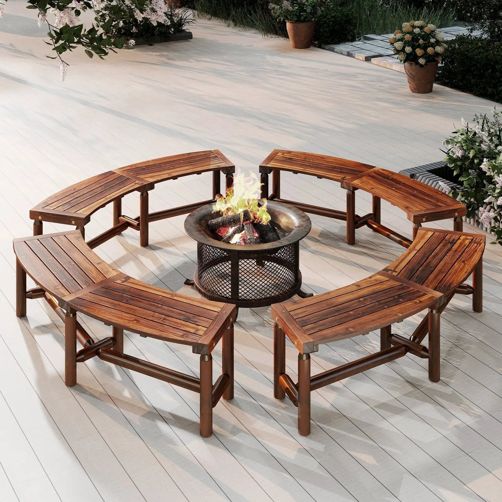 Patio Curved Bench Solid Wood Fire Pit Bench Outdoor Backless Loveseat by DirectDeals