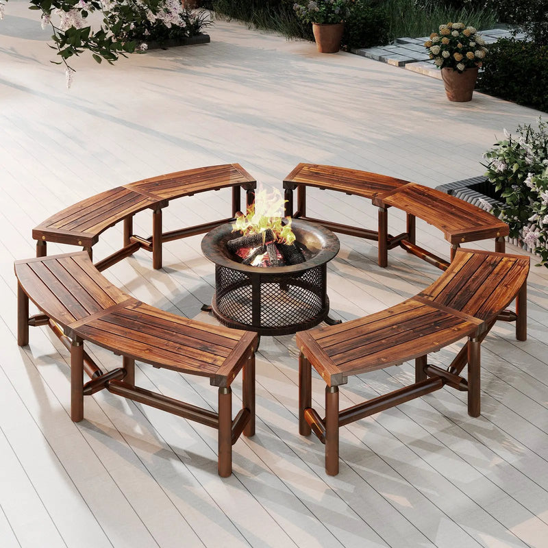 Patio Curved Bench Solid Wood Fire Pit Bench Outdoor Backless Loveseat by DirectDeals