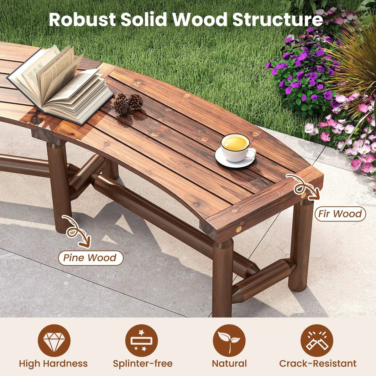 Patio Curved Bench Solid Wood Fire Pit Bench Outdoor Backless Loveseat by DirectDeals