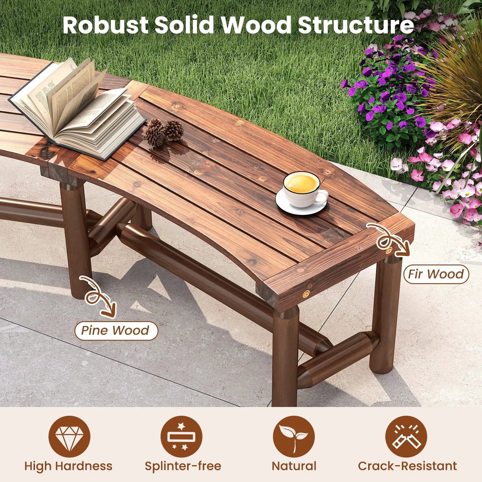 Patio Curved Bench Solid Wood Fire Pit Bench Outdoor Backless Loveseat by DirectDeals