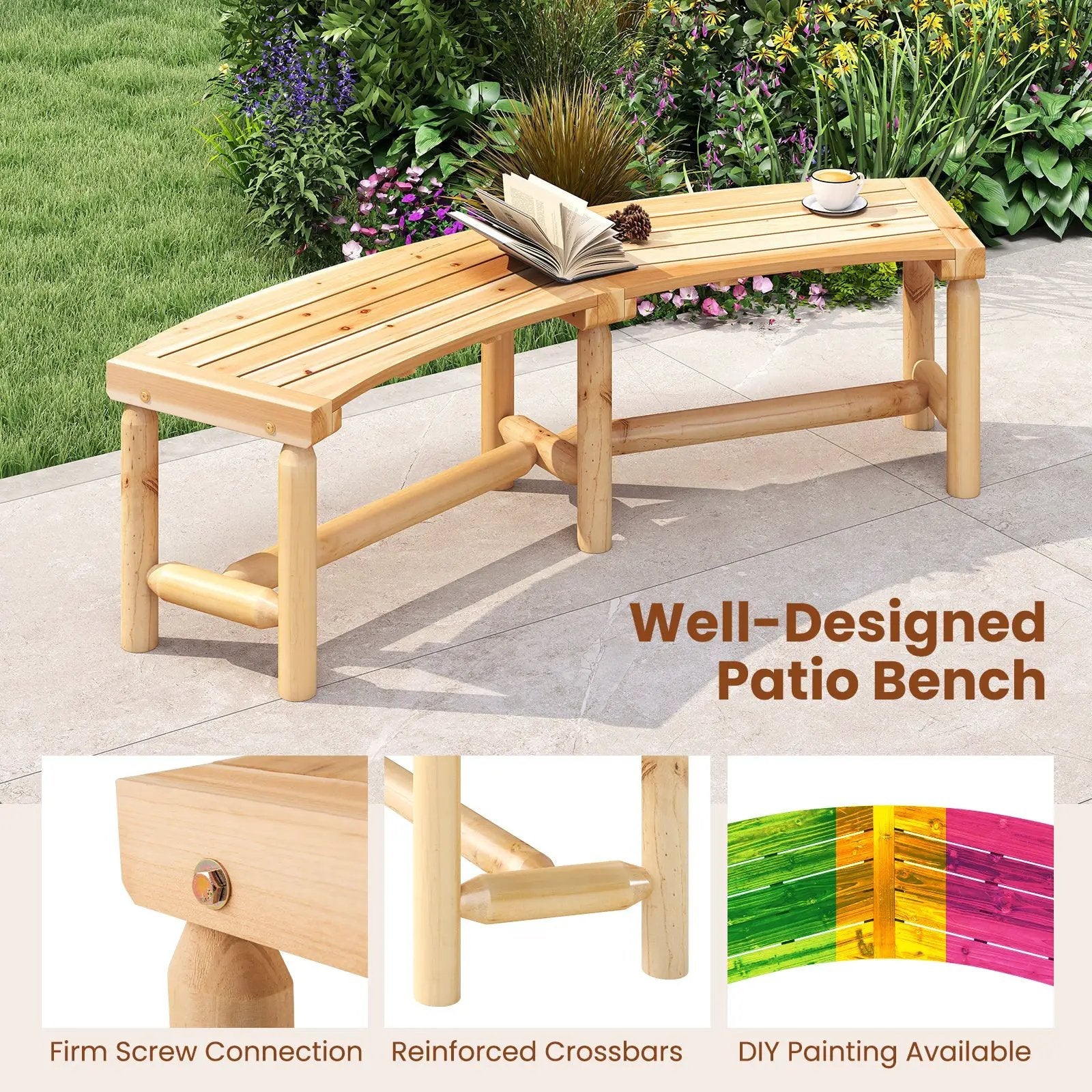Patio Curved Bench Solid Wood Fire Pit Bench Outdoor Backless Loveseat by DirectDeals
