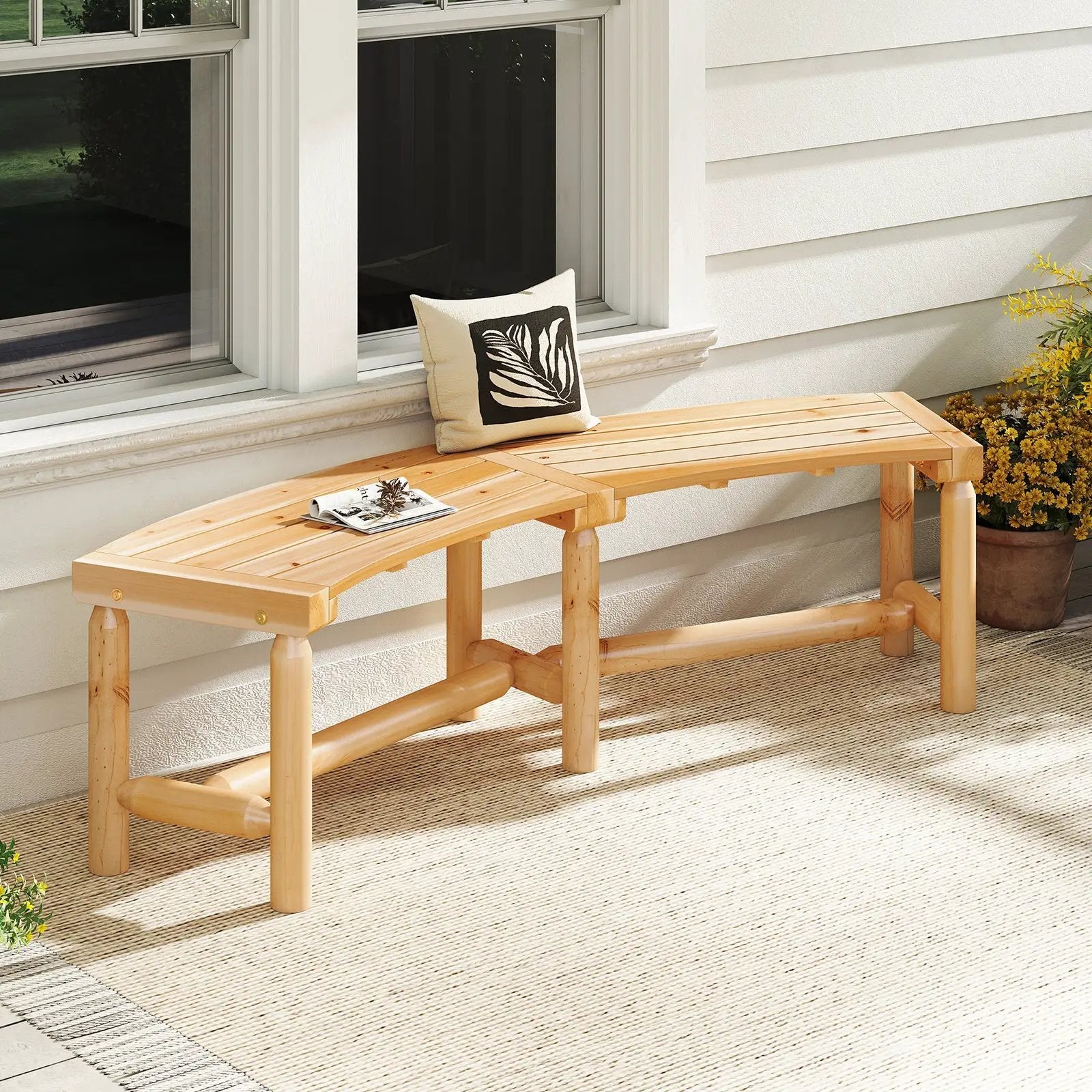 Patio Curved Bench Solid Wood Fire Pit Bench Outdoor Backless Loveseat by DirectDeals