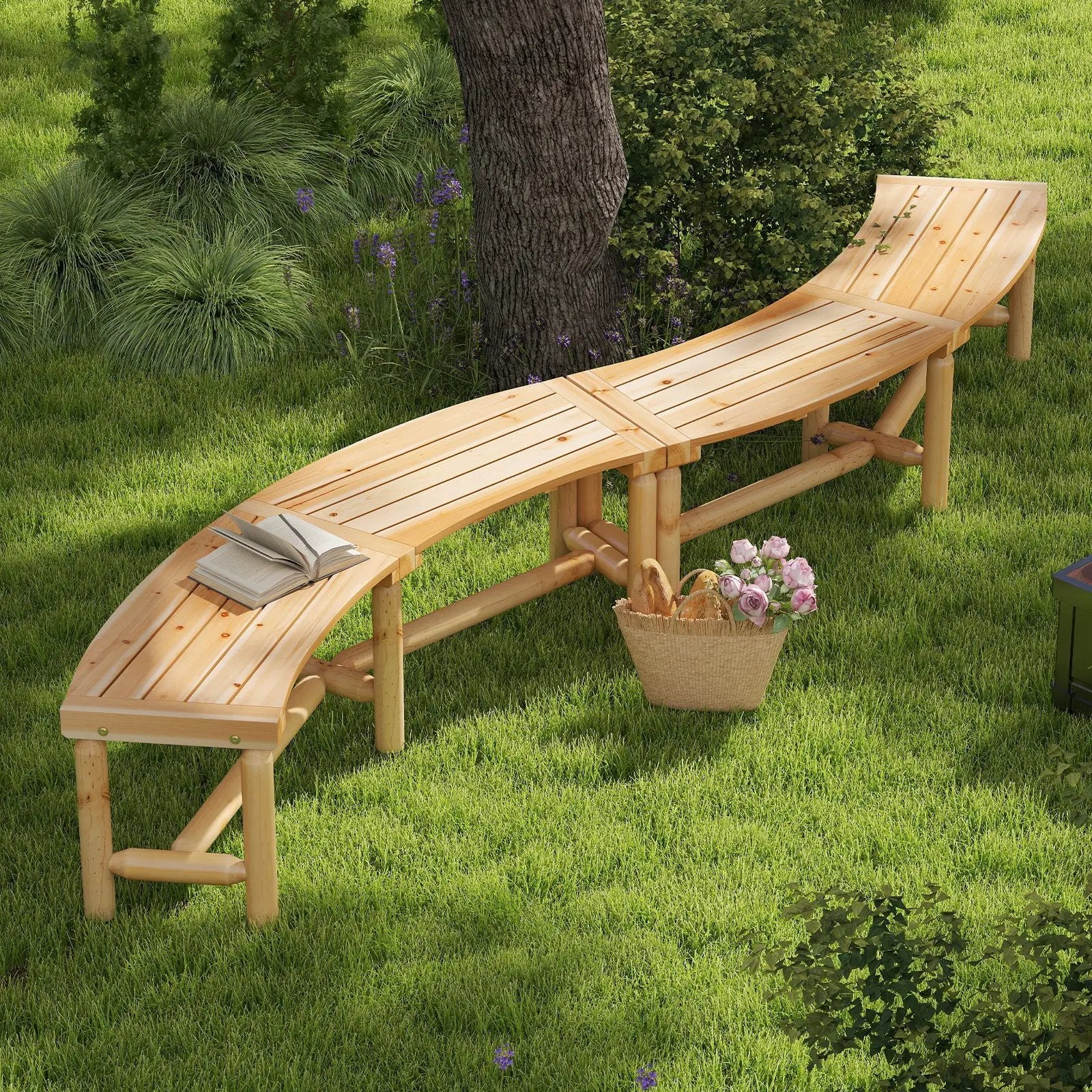 Patio Curved Bench Solid Wood Fire Pit Bench Outdoor Backless Loveseat by DirectDeals