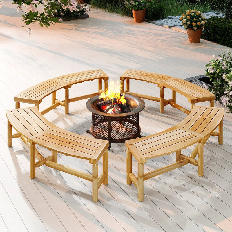 Patio Curved Bench Solid Wood Fire Pit Bench Outdoor Backless Loveseat by DirectDeals