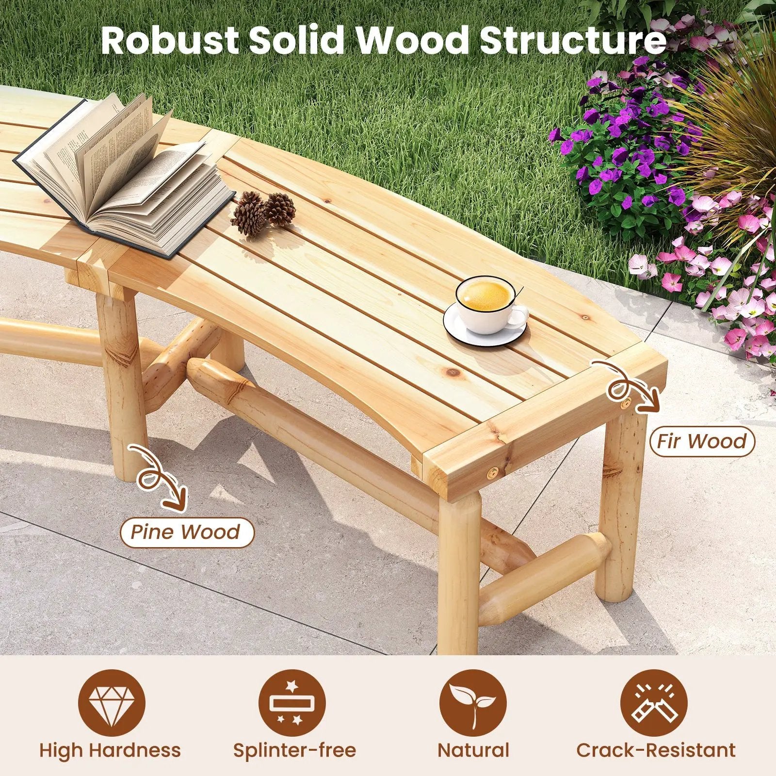 Patio Curved Bench Solid Wood Fire Pit Bench Outdoor Backless Loveseat by DirectDeals