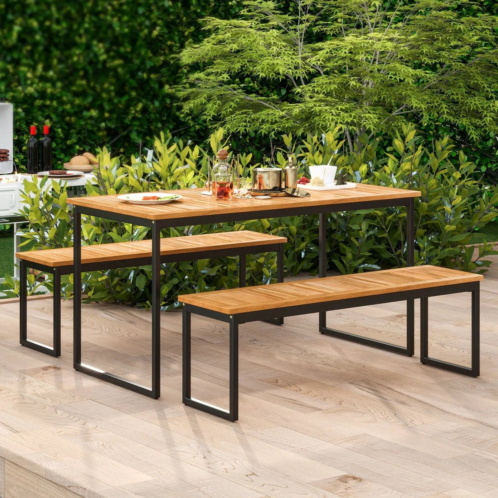 Patio Dining Bench Backless with Slatted Seat and Metal Legs by DirectDeals