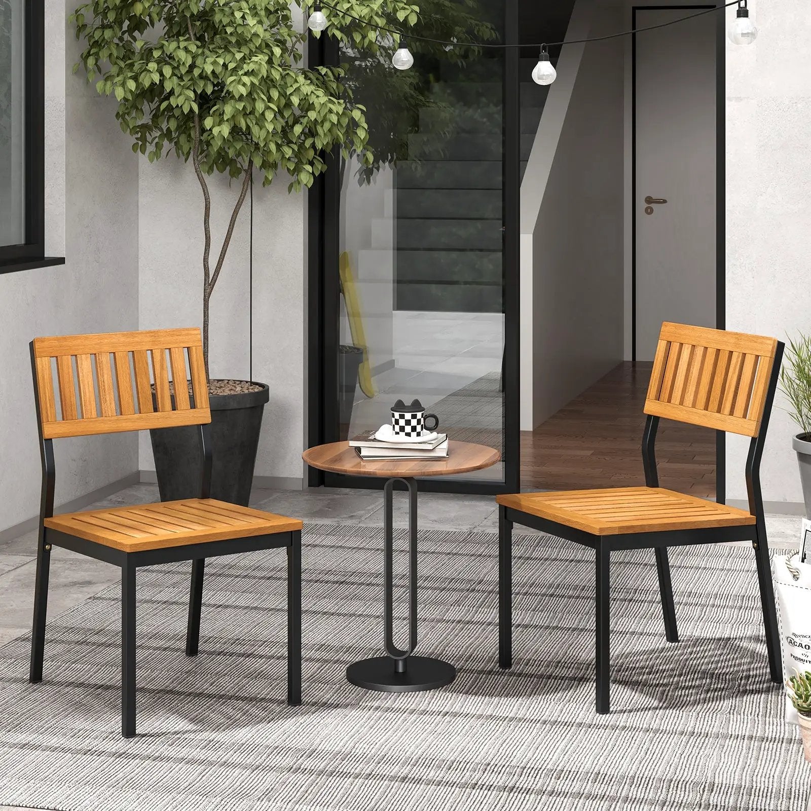 Patio Dining Chair Set of 2 with Metal and Acacia Wood Frame by DirectDeals