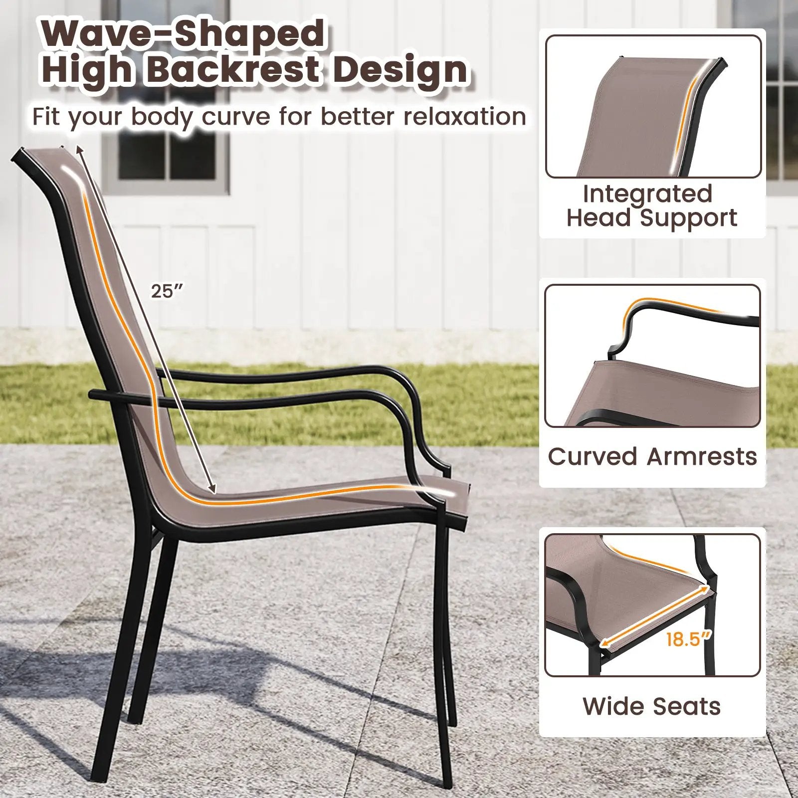 Patio Dining Chair Set of 2 with Wide Seat and Heavy-Duty Metal Frame-Brown by DirectDeals
